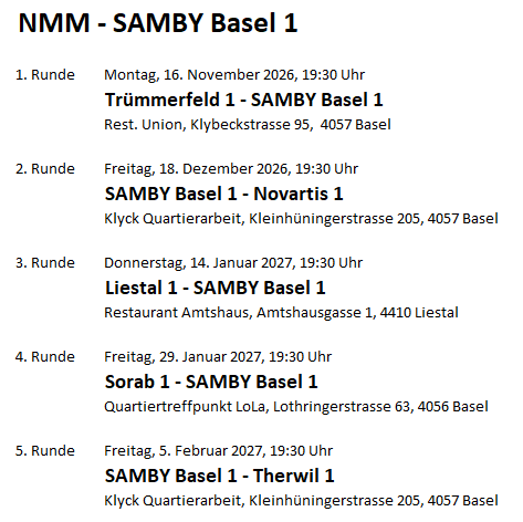 Spielplan NMM